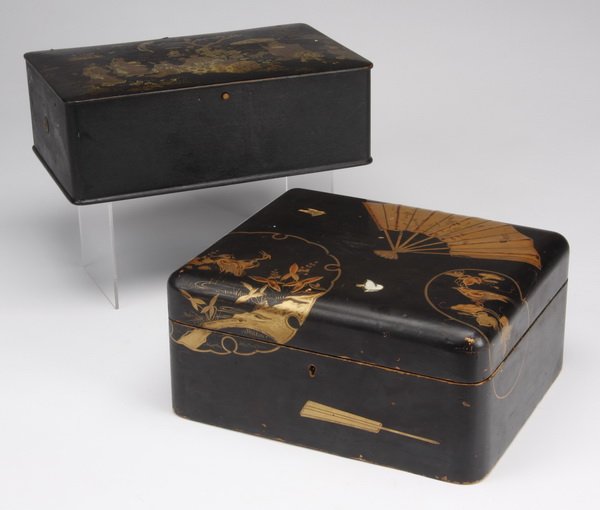 (2) 19th c. Continental boxes: Group of two 19th century Continental decorative boxes, includes: (1) ebonized papier mache' box with a chinoiserie scene 4.5"h x 13"l x 9"w, and (1) ebonized wood box with a marquetry and mother-of-p