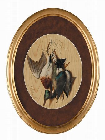 19th c. Italian oil on panel, signed: 19th century oval oil on panel painting depicting hunt trophies, signed Michelangelo Meucci, (Italian-American, 1840 - 1905), 19"h x 15"w, overall size including frame 31"h x 23"w x 1.5"d.