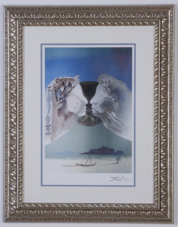 Limited edition lithograph, after Dali: Late 20th century limited edition colored lithograph, titled "Chalice of Love", after Salvador Dalí (Spanish, 1904-1989), printed signature lower right, and numbered lower left 4/99, 20.75"h x 13.5"w