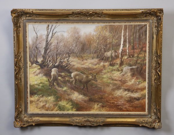 German oil on canvas landscape, signed: Early 20th century German oil on canvas depicting a forest landscape with deer, artist signed lower left F. (Fritz) Laube, (German 1914-1993), 24"h x 32"w.