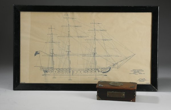 U.S. Frigate Constitution box and rendering: Commemorative box crafted from wood removed from the original hull of the U.S. Frigate Constitution, a naval ship commissioned by George Washington which first set sail in 1797 and which participated