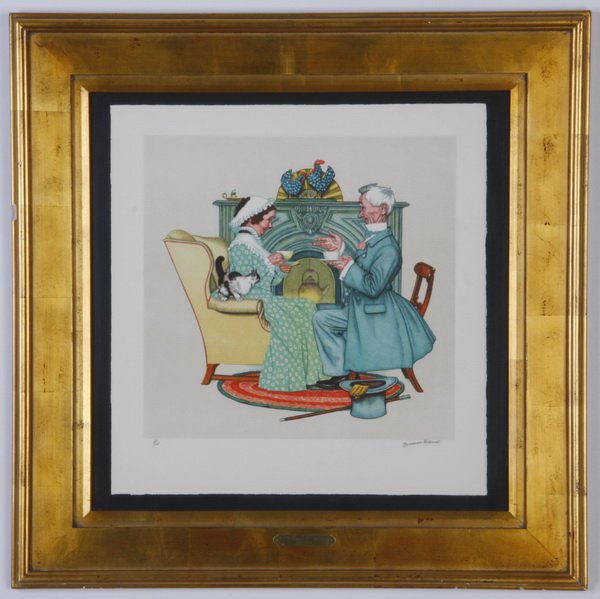 Norman Rockwell signed lithograph: Mid 20th century limited edition colored lithograph, 1977, titled "Gaily Sharing Vintage Times" from the Four Ages of Love series, artist signed in pencil lower right Norman Rockwell (American, 1894-1