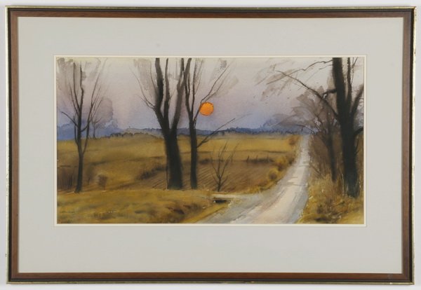 Harry Leith-Ross signed watercolor landscape: Mid 20th century watercolor on paper, country road in the evening, artist signed lower left (Harry) Leith-Ross (American, 1886-1973), 15.5"h x 28.5"w, overall size including frame 25.75"h x 37.75"w x