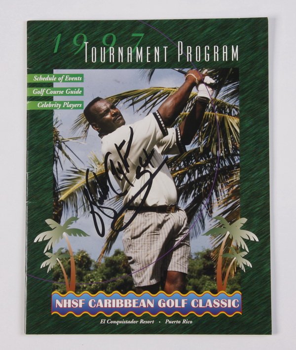 Walter Payton autographed golf program: Walter Payton autographed 1997 tournament program from the NHSF Caribbean Golf Classic in Puerto Rico, signed "Walter Payton 34," 11"h x 8.5"w.