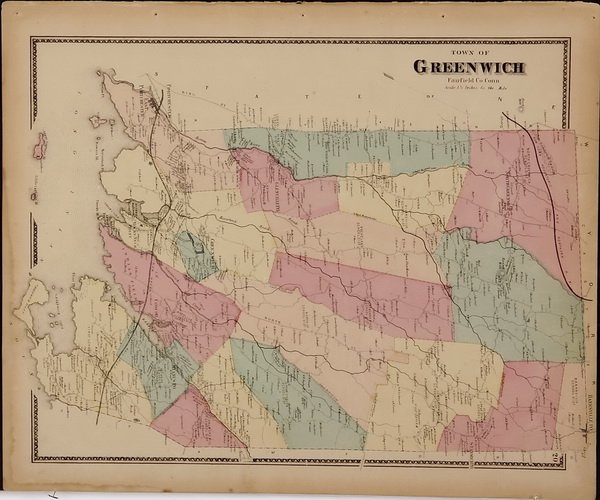 (3) 19th c. hand colored maps of Connecticut: Grouping of three circa 1867 hand colored maps from the "Atlas of New York and Vicinity" by Beers, Ellis & Soule, the drawings based on land surveys performed under the direction of F.W. Beers, includ