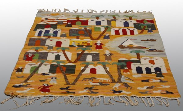 Mid 20th c. hand loomed rug: Mid 20th century hand loomed rug with a stylized Middle Eastern inspired coastal scene, 80"l x 50"w (6' 8" x 4' 2").