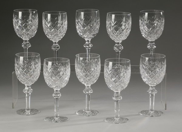 (10) Waterford wine glasses, marked: Set of 10 Waterford cut crystal red wine glasses, in the Lismore pattern, maker marked, each 7.5"h x 3" diameter.