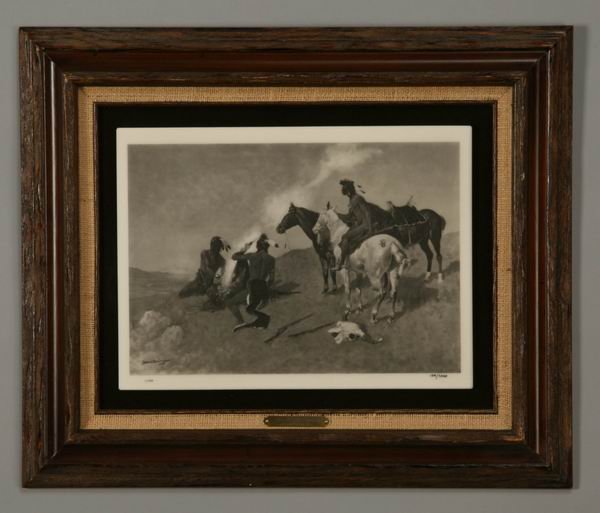 Late 20th c. laser artwork, after Remington: "The Smoke Signal", late 20th century limited edition laser etched artwork on composition faux ivory, after the original by Frederic Remington, overall size including frame 20.5"h x 24.5"w.