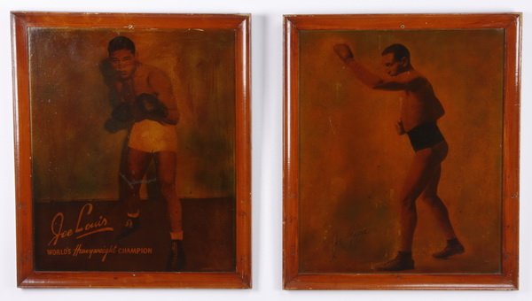 (4) Antiqued boxer prints: Set of four late 20th century boxer prints on board, antiqued with varnish, includes Joe Louis, Jack Johnson, Joe Gans, and Sam Langford, overall size each 26.5"h x 22.5"w x 1"d.