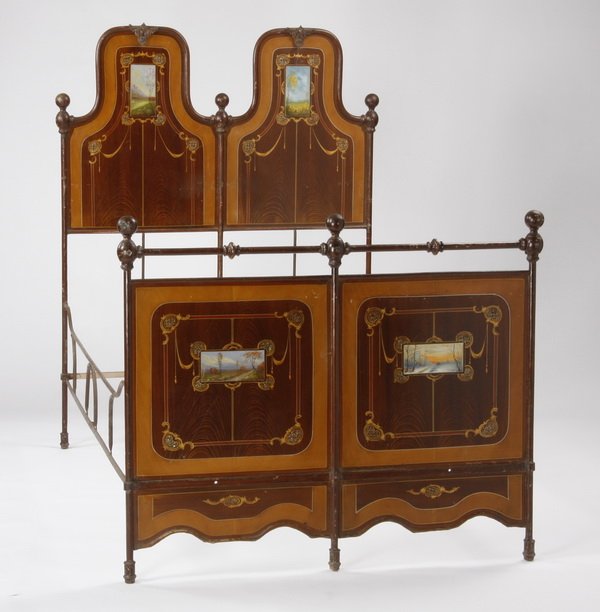 19th c. Italian full size tole bed: 19th century Italian full size, paint decorated, tole bed with landscape scenes painted on the headboard and footboard, headboard 65"h, footboard 43"h, overall size of bed 65"h x 48"w x 78"l.