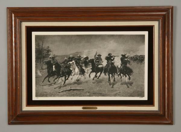 Late 20th c. laser artwork, after Remington: "Dash for the Timber", late 20th century limited edition laser etched artwork on composition faux ivory, after the original by Frederic Remington, overall size including frame 22"h x 31"w.