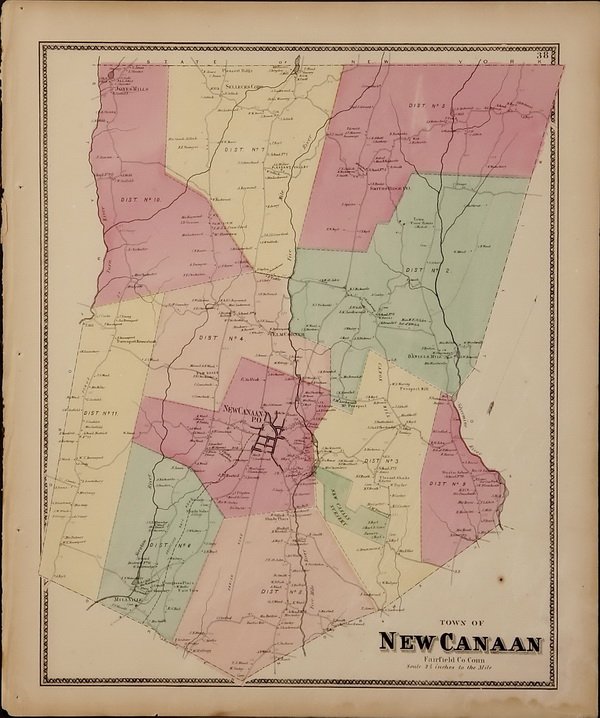 (4) 19th c. hand colored maps of Connecticut: Grouping of four circa 1867 hand colored maps from the "Atlas of New York and Vicinity" by Beers, Ellis & Soule, the drawings based on land surveys performed under the direction of F.W. Beers, include