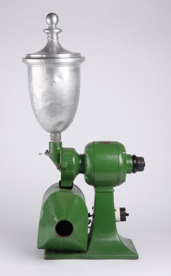 Early 20th c. electric coffee grinder: Early 20th century American cast iron electric coffee grinder, with a painted green finish and Robbins and Myers Motor, manufactured for B. C. Holwick, Canton, Ohio, 34.5"h x 15"w x 13.5"d.