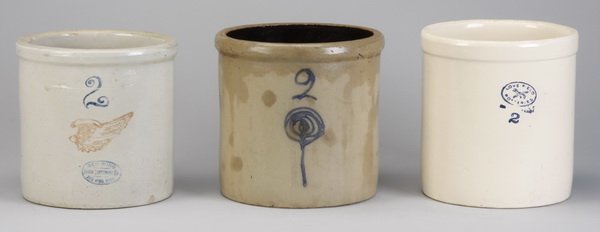 (3) American glazed earthenware crocks: Grouping of three American glazed earthenware crocks, includes (1) crock labeled with the number 2 and marked Red Wing Union Stoneware Co., Red Wing, Minn., (1) crock labeled with the number 2 over an