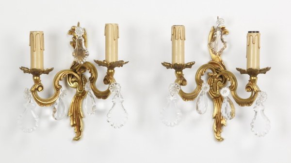 (2) French bronze and crystal sconces: Pair of early 20th century two-light French bronze and crystal sconces, 11"h x 12"w.