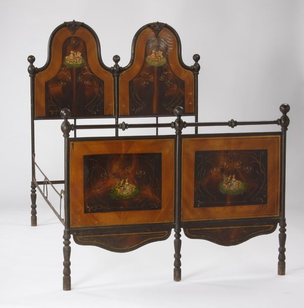 19th c. Italian full size tole bed: 19th century Italian full size, paint decorated, tole bed with classical scenes of maidens in a landscape setting; headboard 68"h, footboard 45"h, overall size of bed 68"h x 58"w x 80" l.