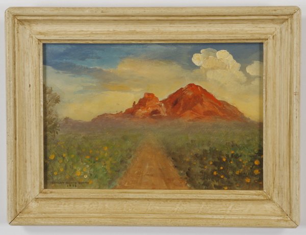 Ernest Beach Smith signed oil on board: Early 20th century oil on board, titled en verso "Sunset Glow on Camelback", artist signed and dated both lower right and en verso Ernest Beach Smith (American, 1893-1975) 1953, 8.5"h x 5.75"w, overal