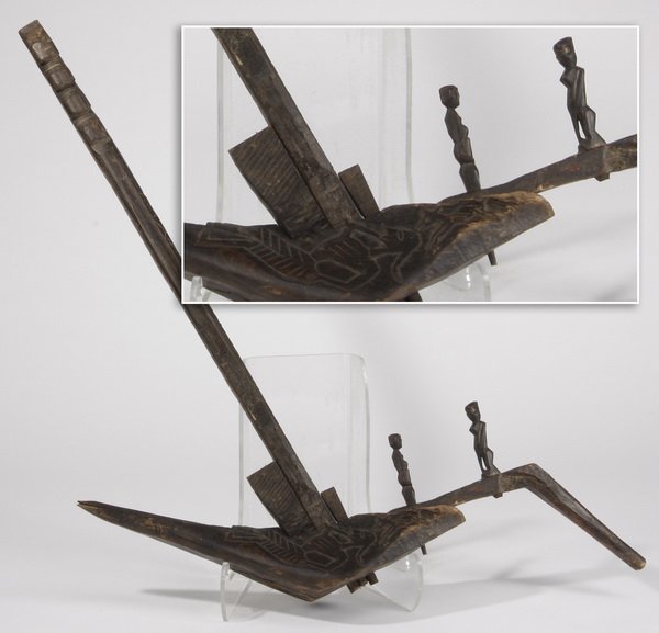 50.5"h 19th c. Nepalese wood plow: Late 19th or early 20th century Nepalese wood plow, of carved saal wood with figural decoration, 50.5"h x 35"w x 8"d.