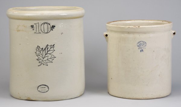 (2) Oversized glazed earthenware crocks: Pair of oversized American glazed earthenware crocks, includes (1) crock labeled with the number 10 and a leaf and marked Western Stoneware Company, Monmouth, Ill., 17.5"h x 16" diameter, and (1) croc