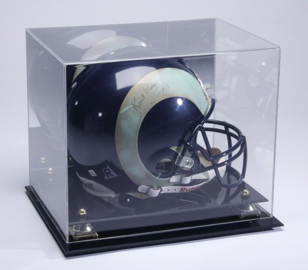 Kurt Warner autographed football helmet: Two-time National Football League MVP and Super Bowl XXXIV MVP Kurt Warner autographed St. Louis Rams helmet, signed "Kurt Warner 73," mounted in a plexiglass display case, case 12.5"h x 15"w x 12"d.