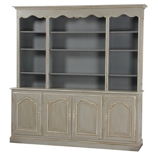 19th c. French paint decorated bookcase: Late 19th century French Provincial style paint decorated bookcase, the rectangular top surmounting a scalloped cornice above three open rows of shelves, over a four door base cabinet, 85"h x 79"w x 2