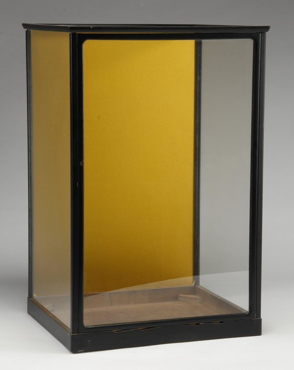 Mid 20th c. Japanese glass display case: Mid 20th century Japanese ebonized wood and glass display case, with hinged door, 23.5"h x 15.5"w x 13"d.