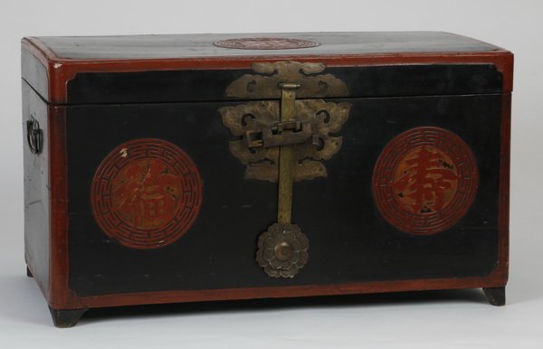 Mid 20th c. Korean wedding chest: Mid 20th century Korean ebonized and handpainted wedding chest with brass hardware, 14.5"h x 25.75"w x 13.75"d.
