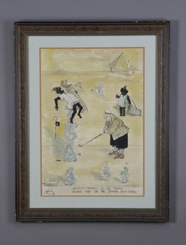 Early 20th c. mixed media on paper, signed: "Summer Troubles in the Tropics, Snake Cast on the Sahara Golf Course", framed cartoon golfing scene, mixed media on paper, signed W(illiam) Heath Robinson, (British, 1872 - 1944), 29"h x 22.25"w.