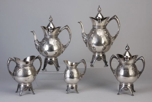 5-piece 19th c. silver plate coffee & tea set: Late 19th century American Renaissance Revival 5-piece silver plate coffee and tea service, maker marked Rogers Smith & Co., New Haven, Conn., the coffee server engraved with the following inscription