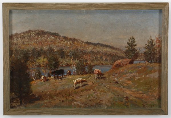 William Preston Phelps signed oil on canvas: Late 19th or early 20th century oil on canvas, cows grazing in a meadow, artist signed lower right W(illiam Preston) Phelps (American, 1848-1923), 12"h x 18"w, overall size including frame 13"h x 19"w