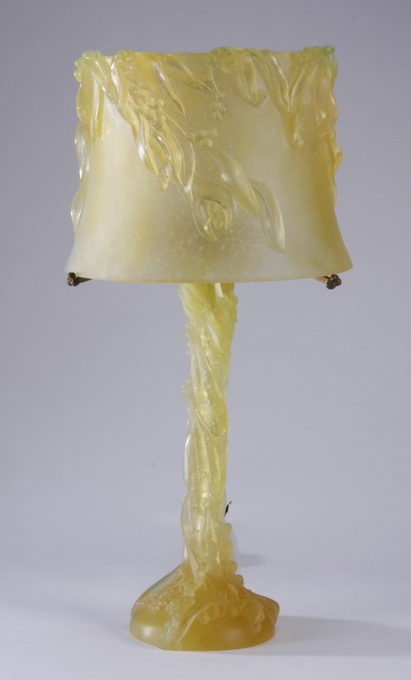 Mid 20th c. Daum art glass lamp: Mid to late 20th century Daum art glass lamp with allover berries and foliate decoration, hand crafted using the pate de verre technique, (damages to the shade), 24"h x 12" diameter.