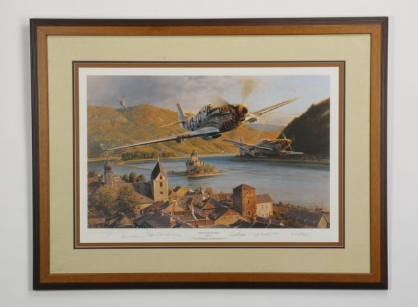 WWII fighter pilot autographed litho: Framed and matted 20th century WWII print of an American fighter plane flying over a seemingly untouched German city of Kaub, titled "Eagles Over The Rhine", after the original by Robert Taylor, numbe