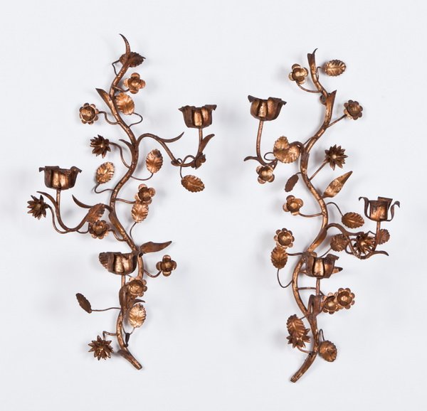 (2) French copper gilt tole wall sconces: Pair of French copper gilt 3-candle tole wall sconces in the form of a flowering vine, 19.5"h x 9"w.