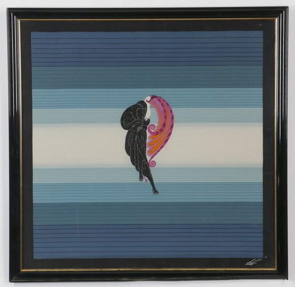 Framed Erte' scarf: Late 20th century framed silk scarf after "Beauty and the Beast" by Romain Erte (Russian/French, 1892-1990), manufactured in Como, Italy, printed signature lower right, 35.5"h x 35.5"w, overall size i