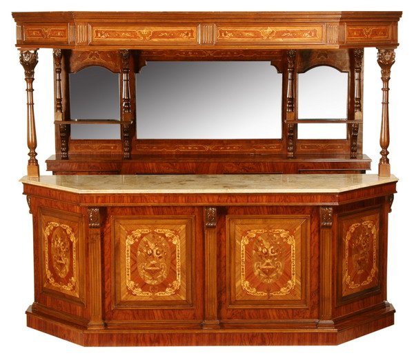 Marquetry inlaid canopy pub bar w/marble top: Marquetry inlaid canopy pub bar with marble serving counter, the back bar with storage cabinets and shelves, the front bar with shelves and ample space to install your own bar sink and refrigerator, 8