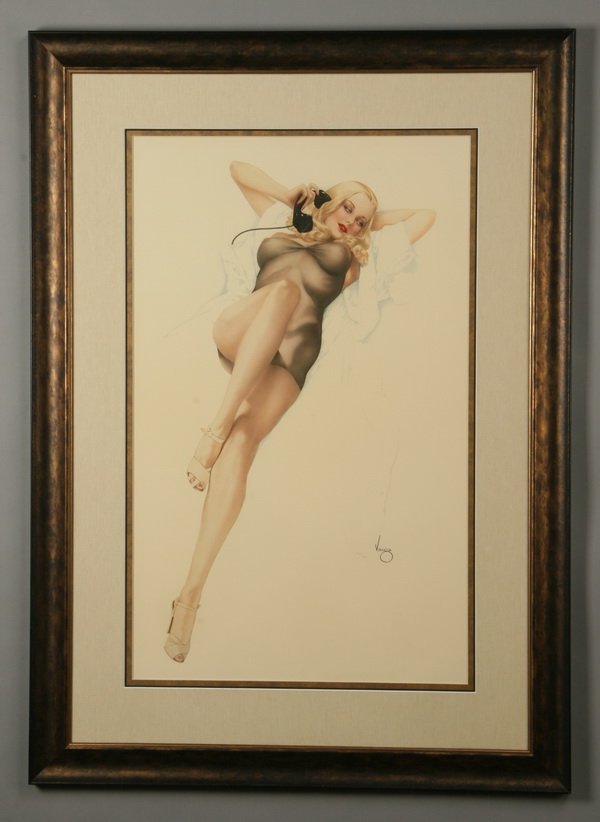 Limited edition Vargas lithograph: Late 20th century limited edition colored lithograph, after the 1940 pin-up illustration titled "First Love" by Alberto Vargas (Peruvian / American, 1896-1982), lower right signed Vargas in plate and