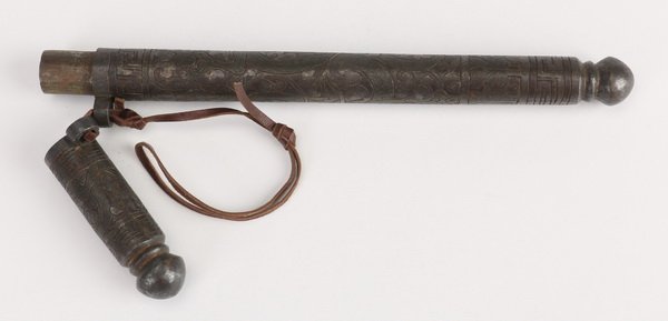 18th c. Tibetan bronze pen holder: 17th or 18th century Tibetan bronze damascene pen holder with leather handle, 9.25" long.