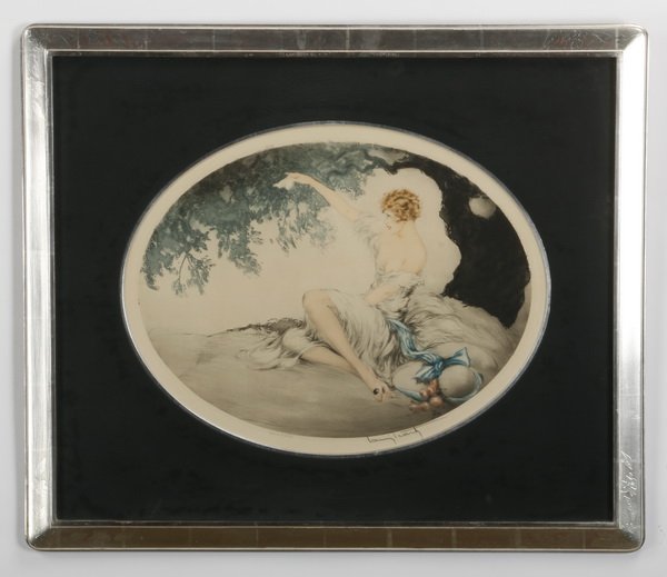 Louis Icart signed etching, titled "Farewell": Early 20th century etching depicting a female figure seated under an oak tree waving her handkerchief, titled "Farewell", artist signed in the margin Louis Icart (French 1888-1950) with artist's blind