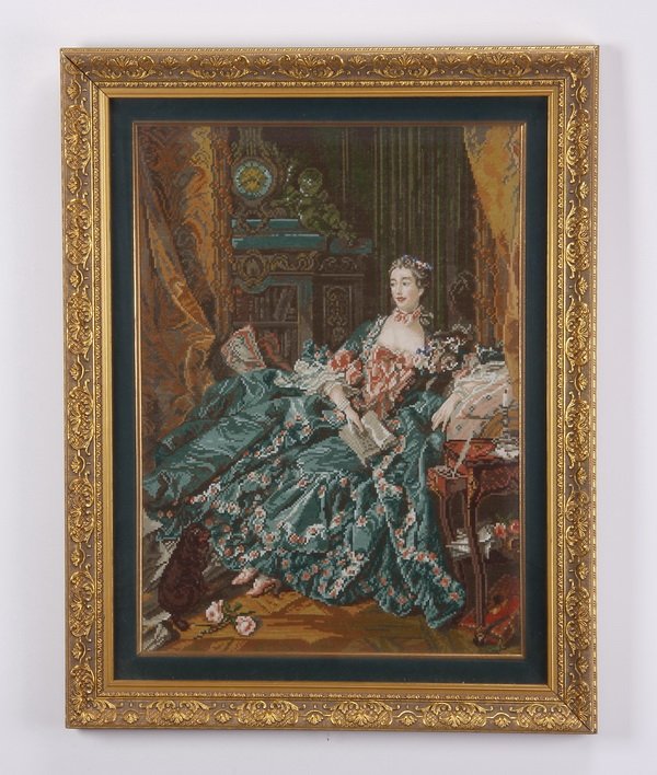 Hand knotted needlepoint tapestry: Framed and matted gross point and petit point tapestry of Madame du Pompadour, after Francois Boucher's 18th century portrait, in shades of green, gold, and dusty pink, overall size including frame 31