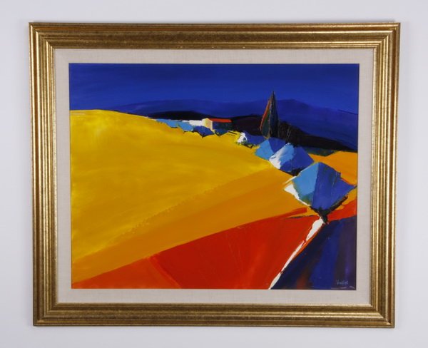 Alexander Monestier signed oil on canvas: 20th century framed Cubist inspired oil on canvas of a landscape, in vivid shades of yellow, orange, and blue, signed (Alexander) Monestier (French, b. 1974), 29"h x 36"w, overall size including frame
