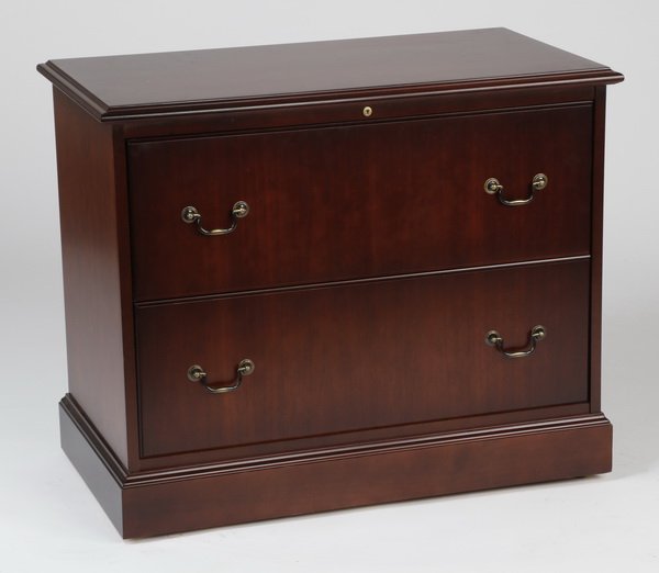 Contemporary mahogany file cabinet: Contemporay mahogany two drawer lateral file cabinet, 30"h x 36"w x 20"d.