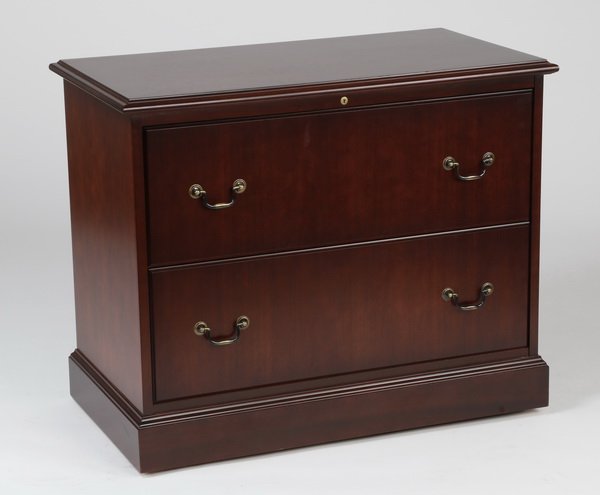 Contemporary mahogany file cabinet: Contemporay mahogany two drawer lateral file cabinet, 30"h x 36"