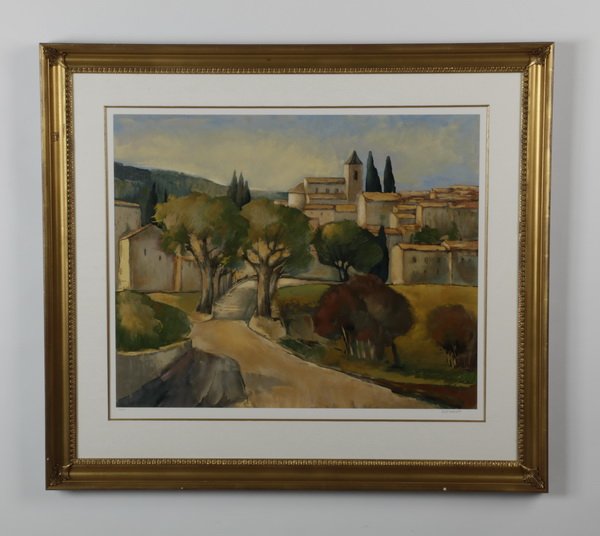 (2) Signed, limited edition lithographs: Two 20th century limited edition lithographs, includes: (1) depicting a French village scene, #39/150, artist signed in pencil (Elisabeth) Estivalet, (Poland-France, b. 1950), overall size including f