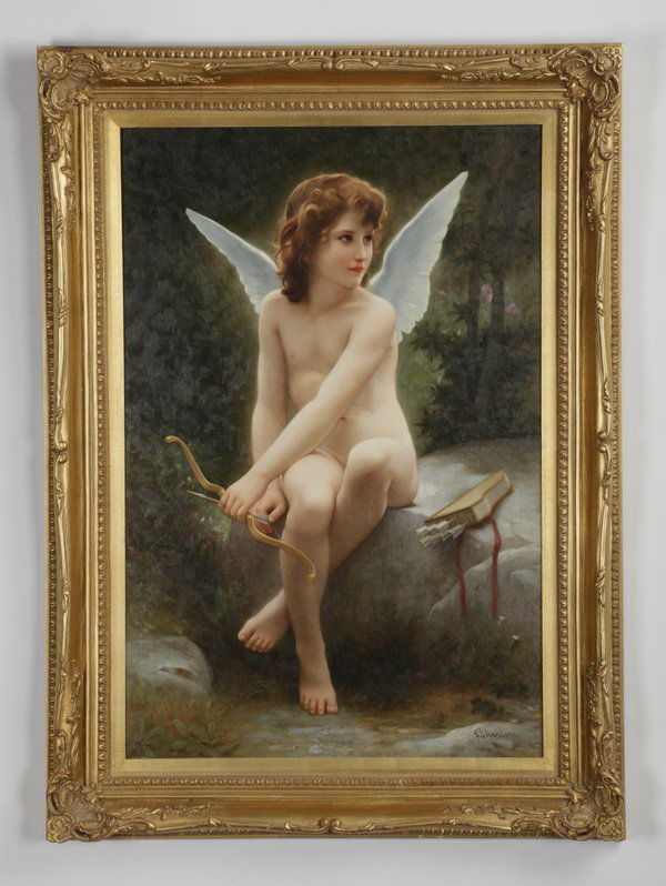 20th c. framed giclee' of Cupid: Late 20th century framed giclee' depicting Cupid with bow and arrow in a forest setting, artist signed Richardson lower right, 35"h x 23.5"w, overall size including frame 45"h x 31"w x 3"d.