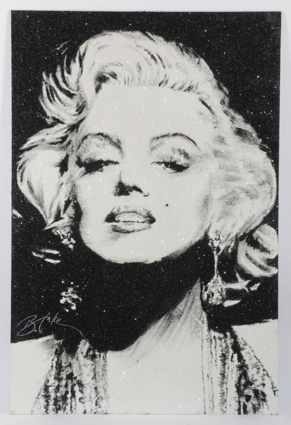 Contemporary mixed media portrait of Monroe: Oversized 21st century mixed media portrait of Marilyn Monroe in shades of black and white, artist signed Blake, 72"h x 48"w x 1"d.