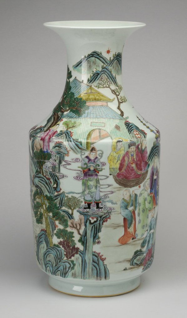 Chinese porcelain vase, Qianlong mark, 26"h: Large and impressive Chinese enamel decorated baluster-form vase, the body depicting various scenes from a Chinese fable within both a mountain top and lakeside setting, the underside with a blue unde