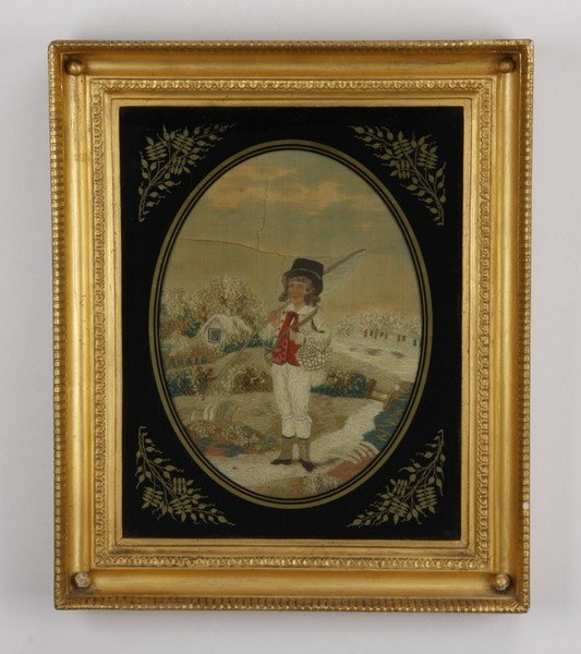 (2) 19th c. embroidered oil on silk panels (1 of 7)