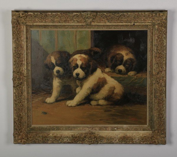 Jean Lefort signed O/p of three puppies (1 of 3)