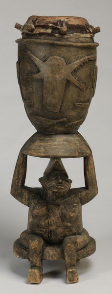 African tribal drum with seated figure, 42"h (1 of 7)