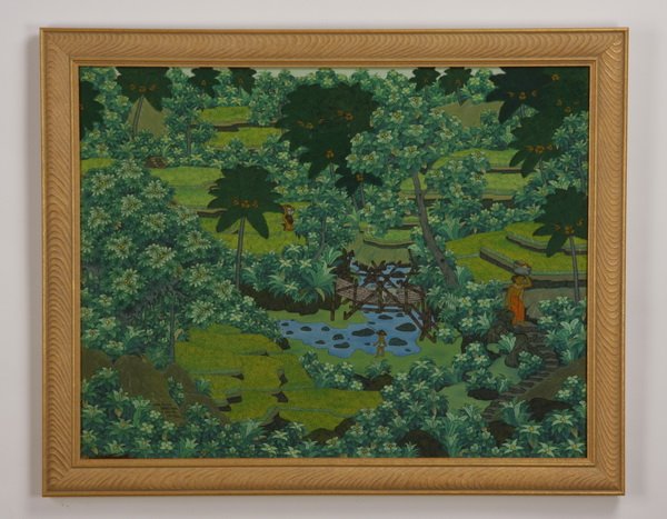 20th c. Indonesian oil on canvas, signed: 20th century oil on canvas landscape depicting the hanging rice fields of Bali, artist inscribed lower left "Made in Pugua, Panestanan Campuhan Ubud/Bali" en verso signed Iny Jemet Sayan, (Indonesian)